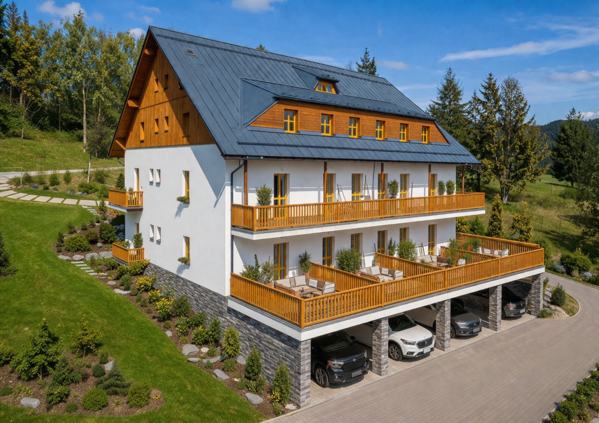 Vizualizace bytového domu Zákoutí — bílá fasáda, dřevěné balkony, břidlicová střecha a krytá stání.