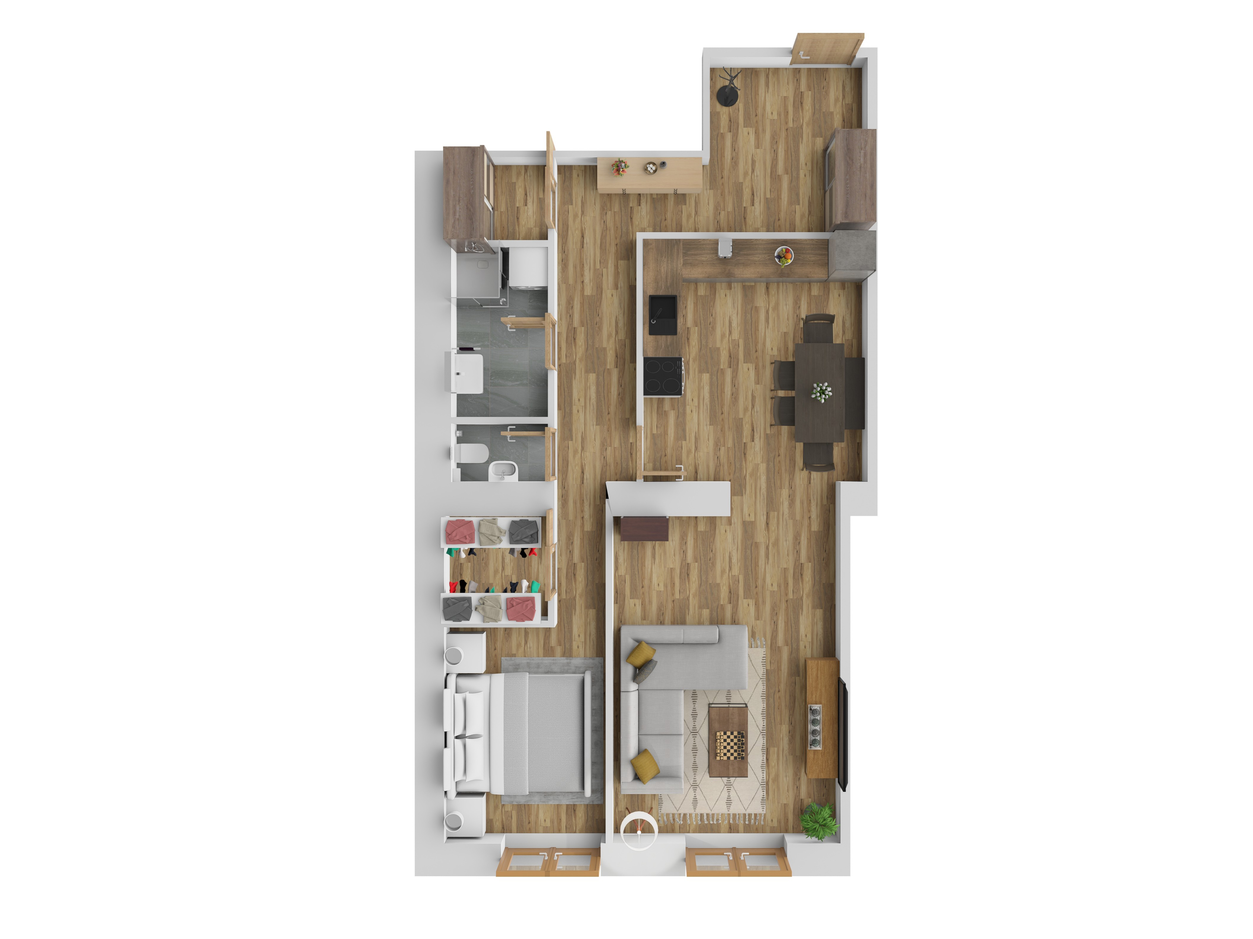 3D vizualizace apartmánu A — 2+1, 74 m² (orientační zařízení).