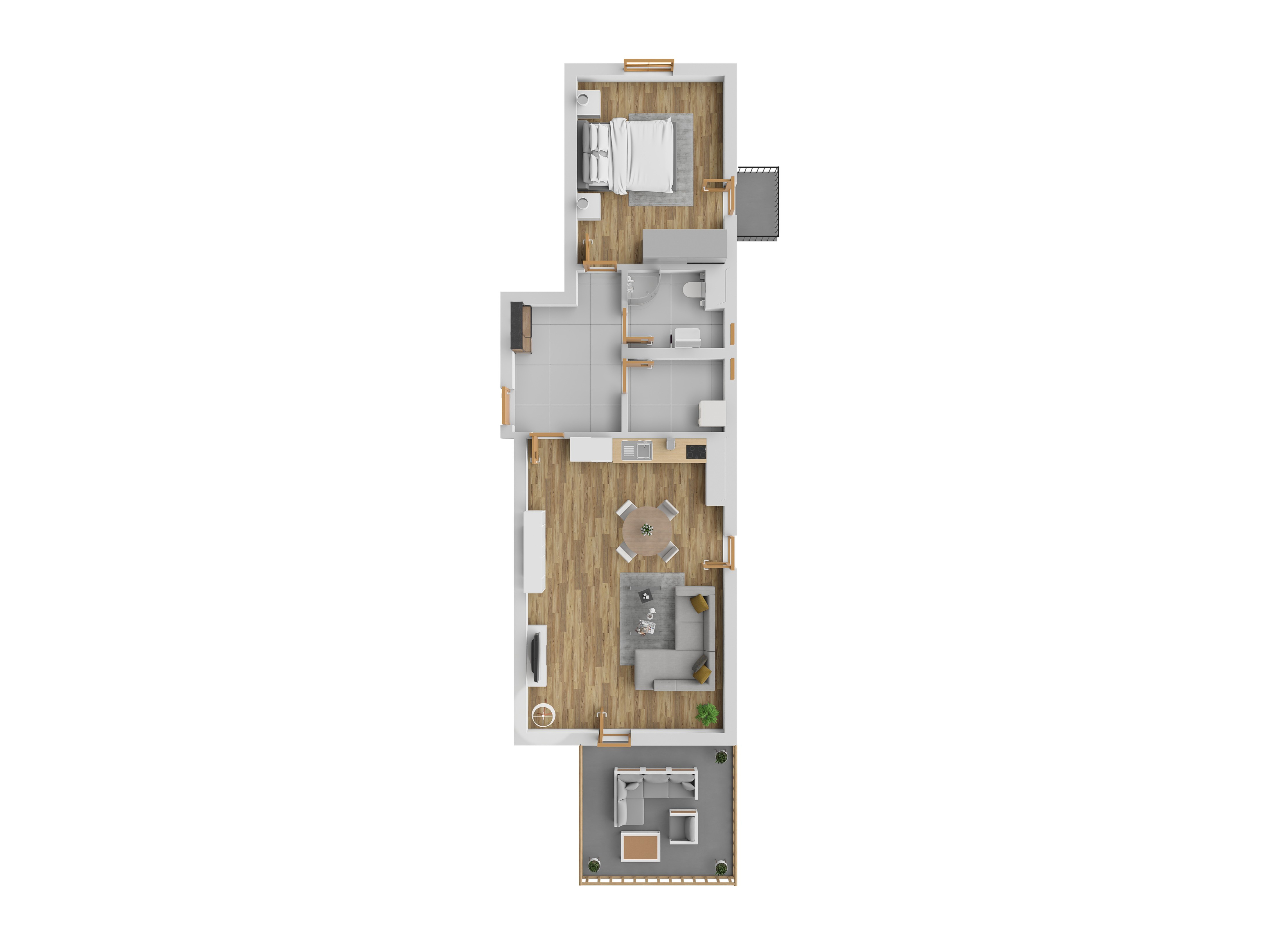 3D vizualizace apartmánu D — 2+kk, 67 m² (orientační zařízení).