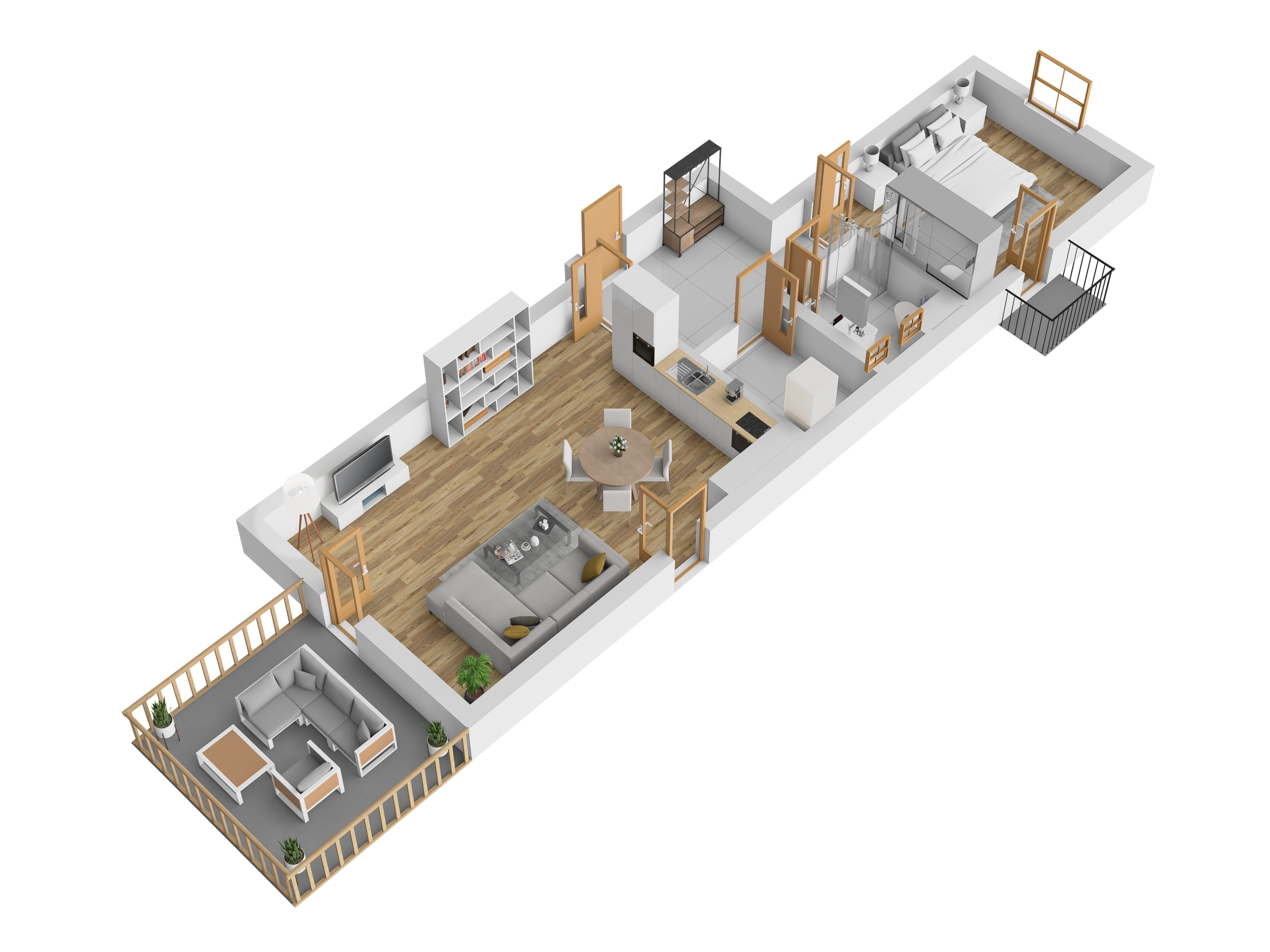 3D vizualizace apartmánu D — 2+kk, 67 m² (orientační zařízení).