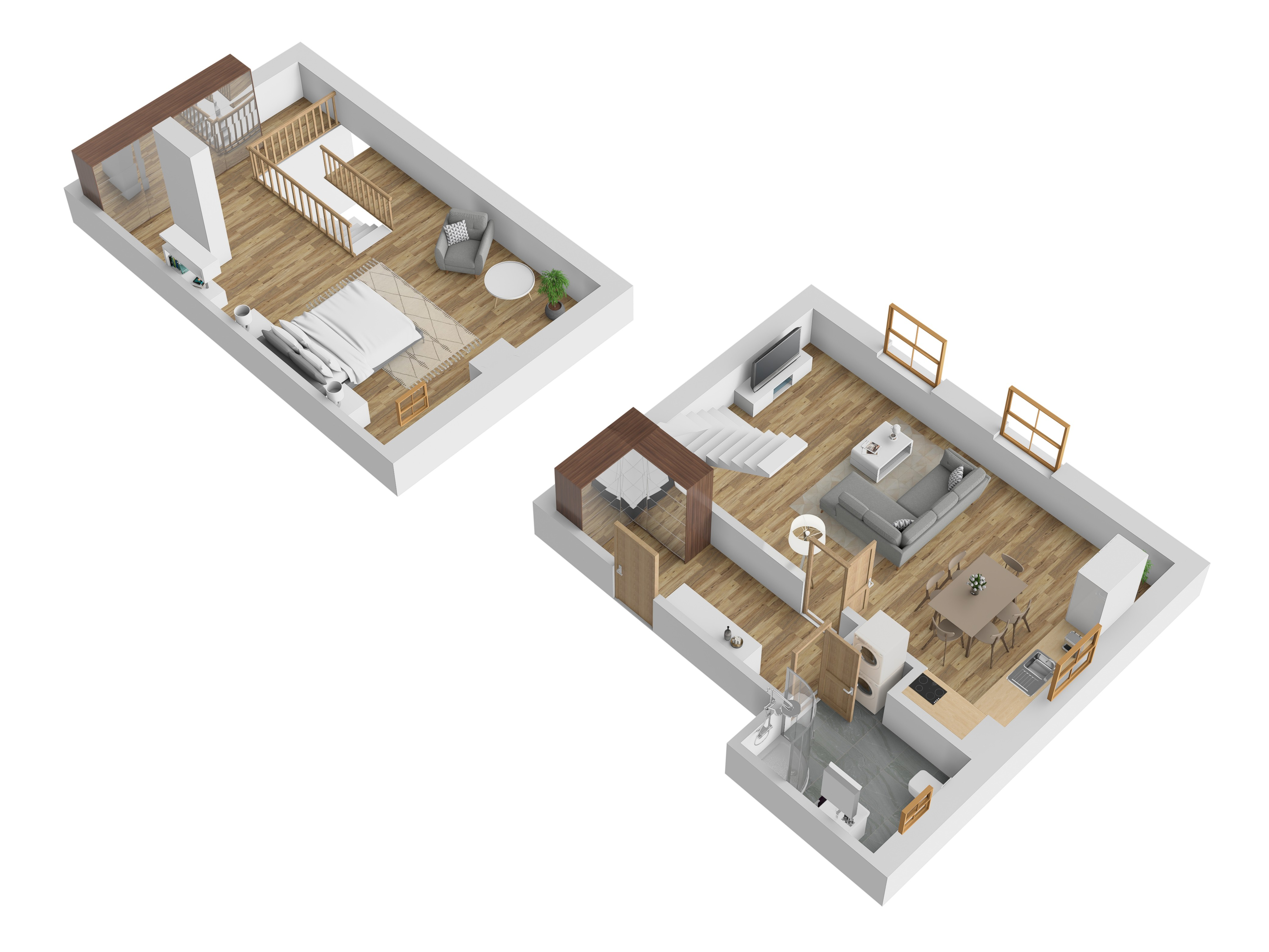 3D vizualizace apartmánu F — mezonet (dvoupodlažní uspořádání), 87 m² (orientační zařízení).