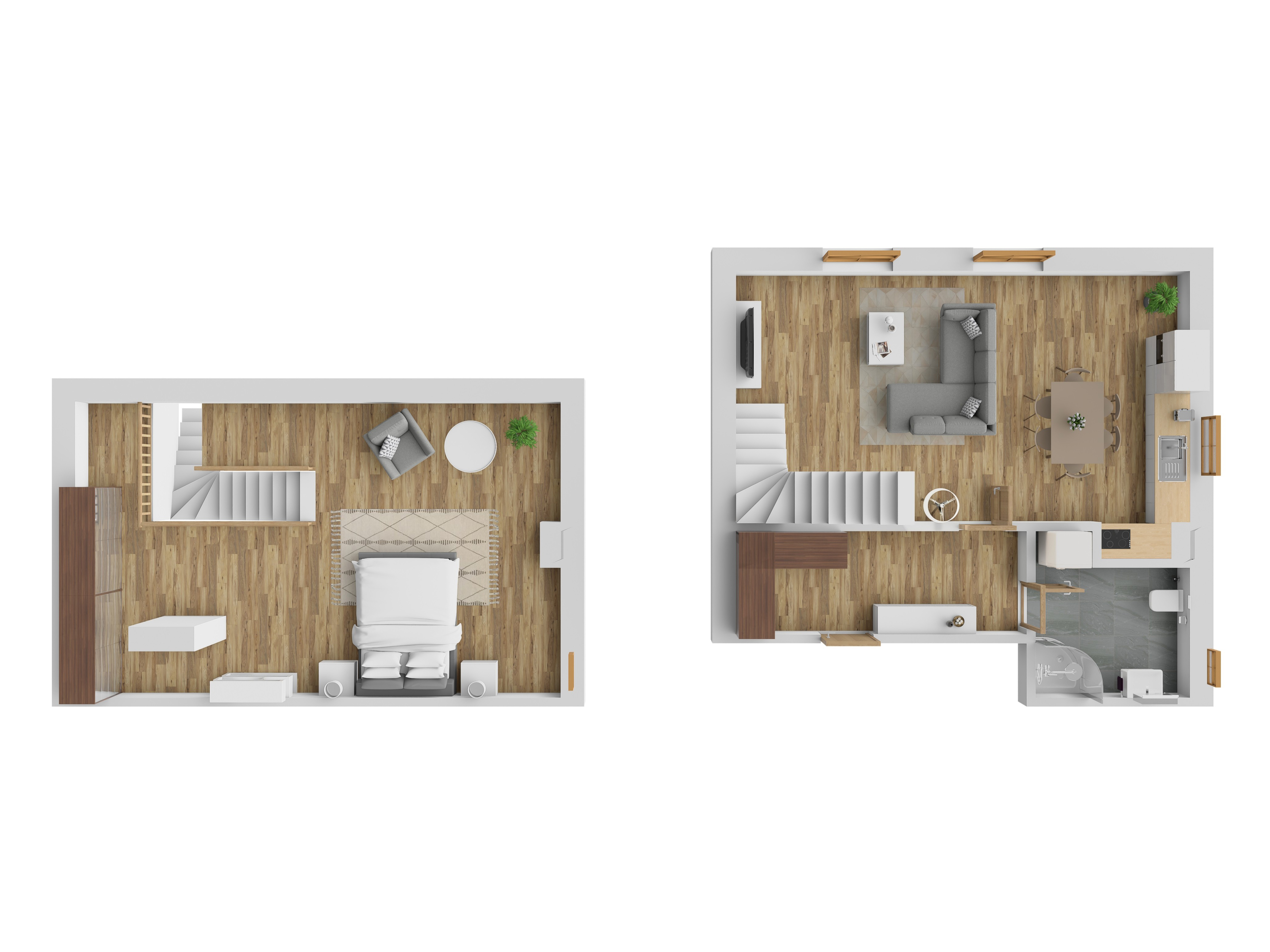 3D vizualizace apartmánu F — mezonet (dvoupodlažní uspořádání), 87 m² (orientační zařízení).