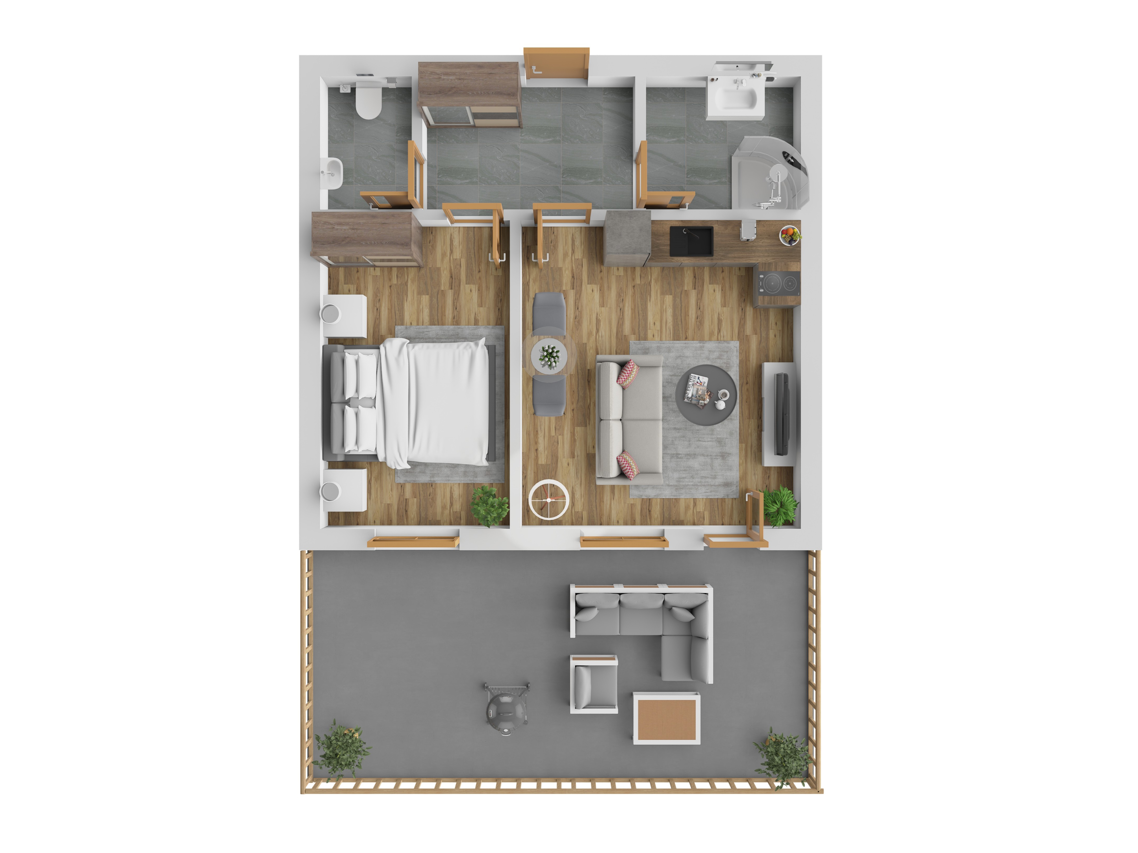 3D vizualizace apartmánu C — 2+kk, 42 m² (orientační zařízení).