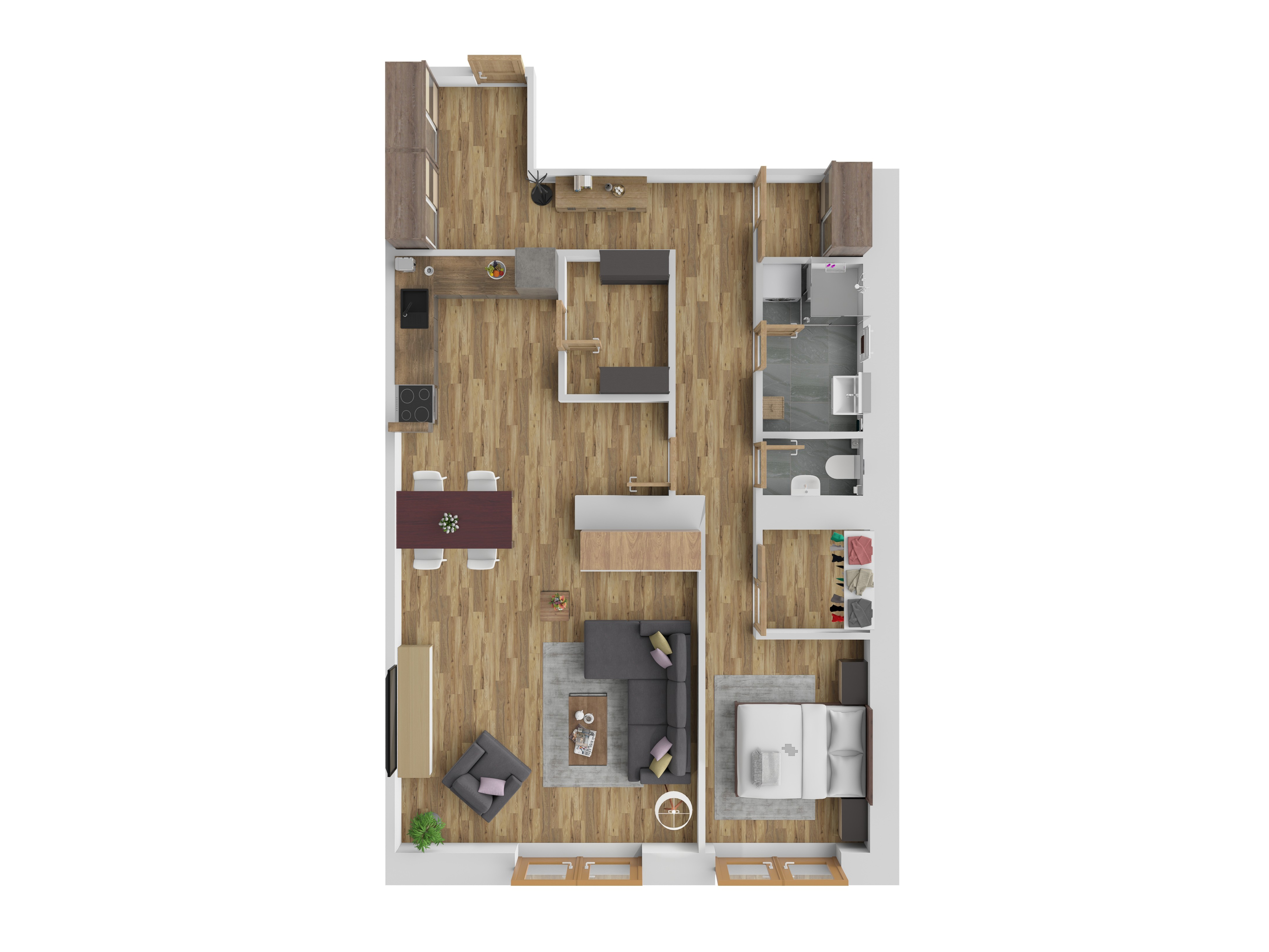 3D vizualizace apartmánu C — 2+1, 64 m² (orientační zařízení).
