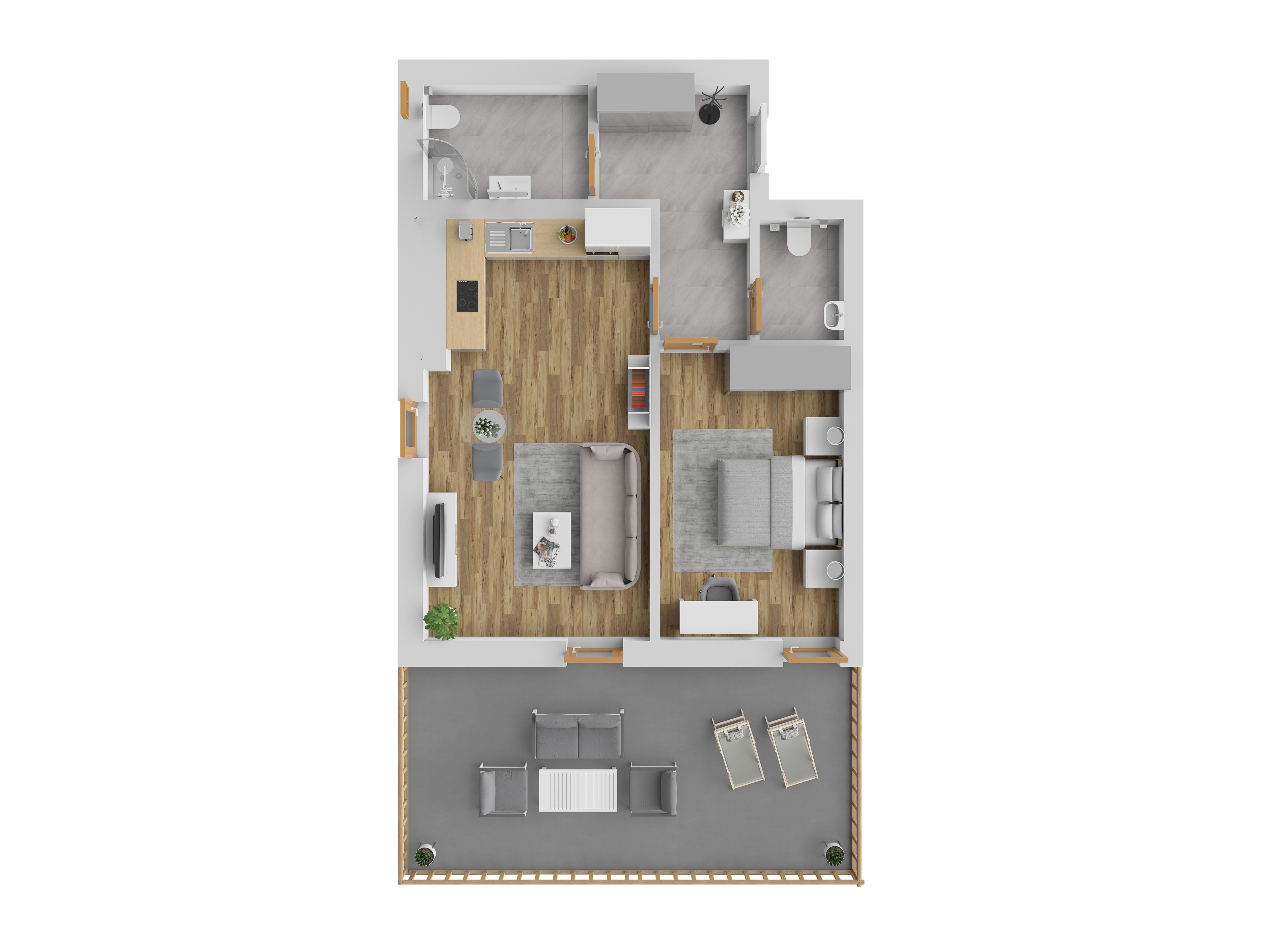3D vizualizace apartmánu B — 2+kk, 51 m² (orientační zařízení).
