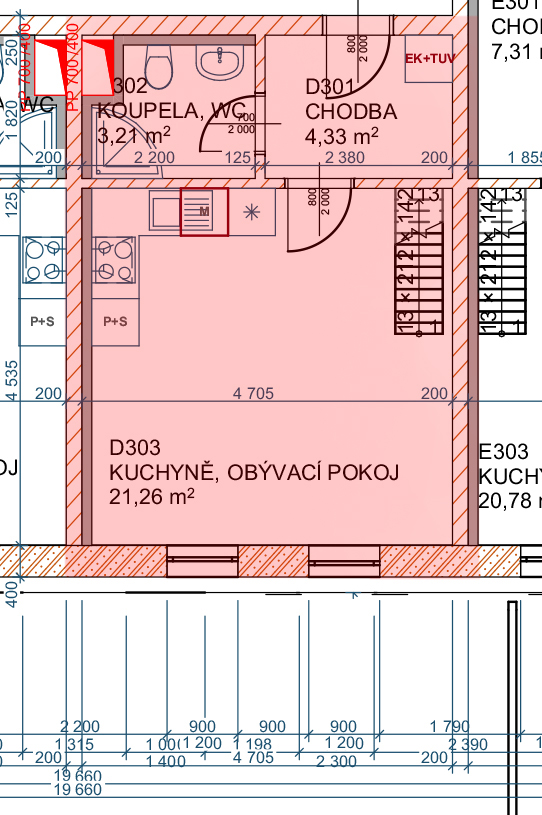 Půdorys mezonetu D34 — 3.NP — obytná úroveň.