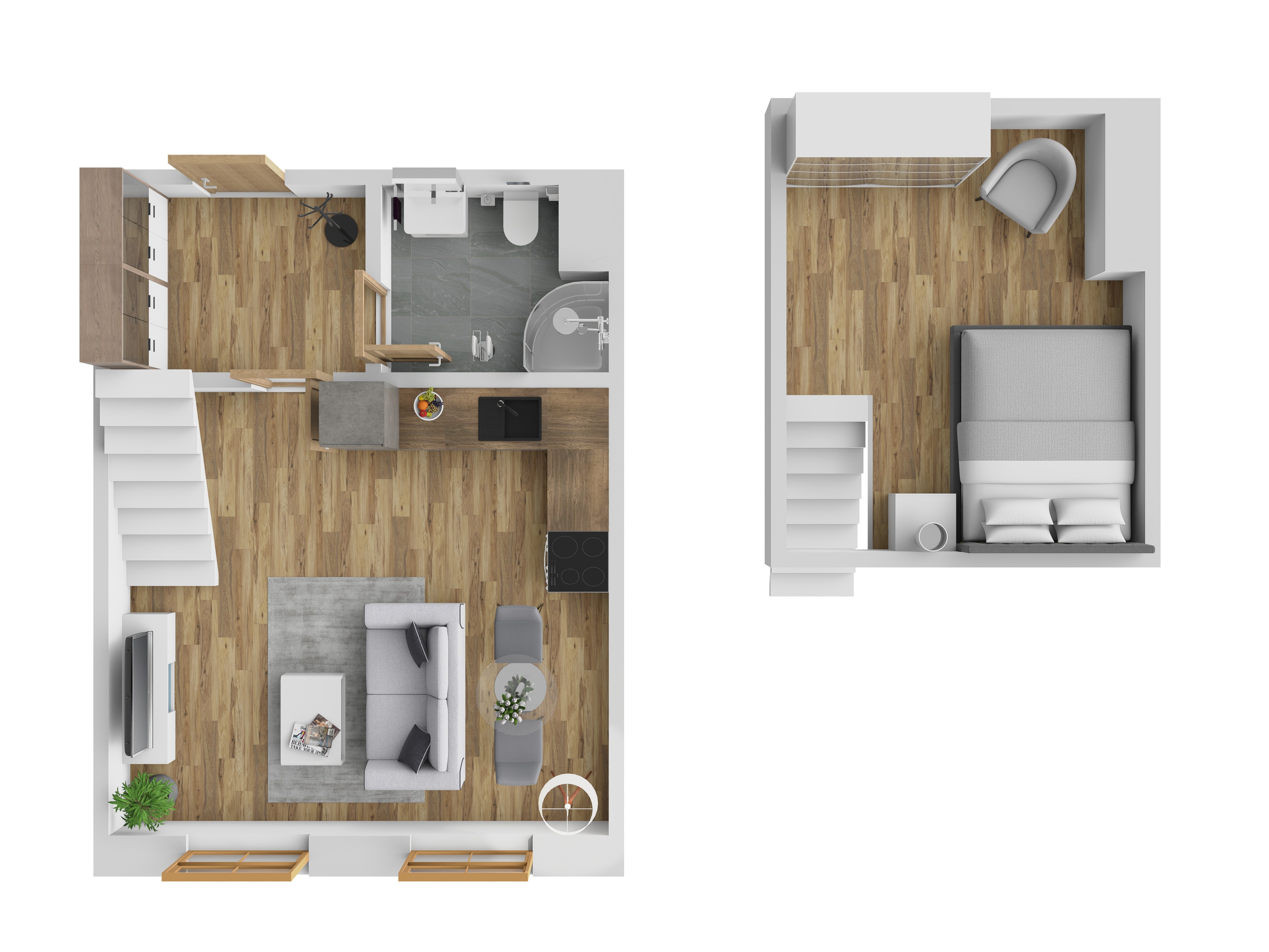3D vizualizace apartmánu B — mezonet (dvoupodlažní uspořádání), 50 m² (orientační zařízení).