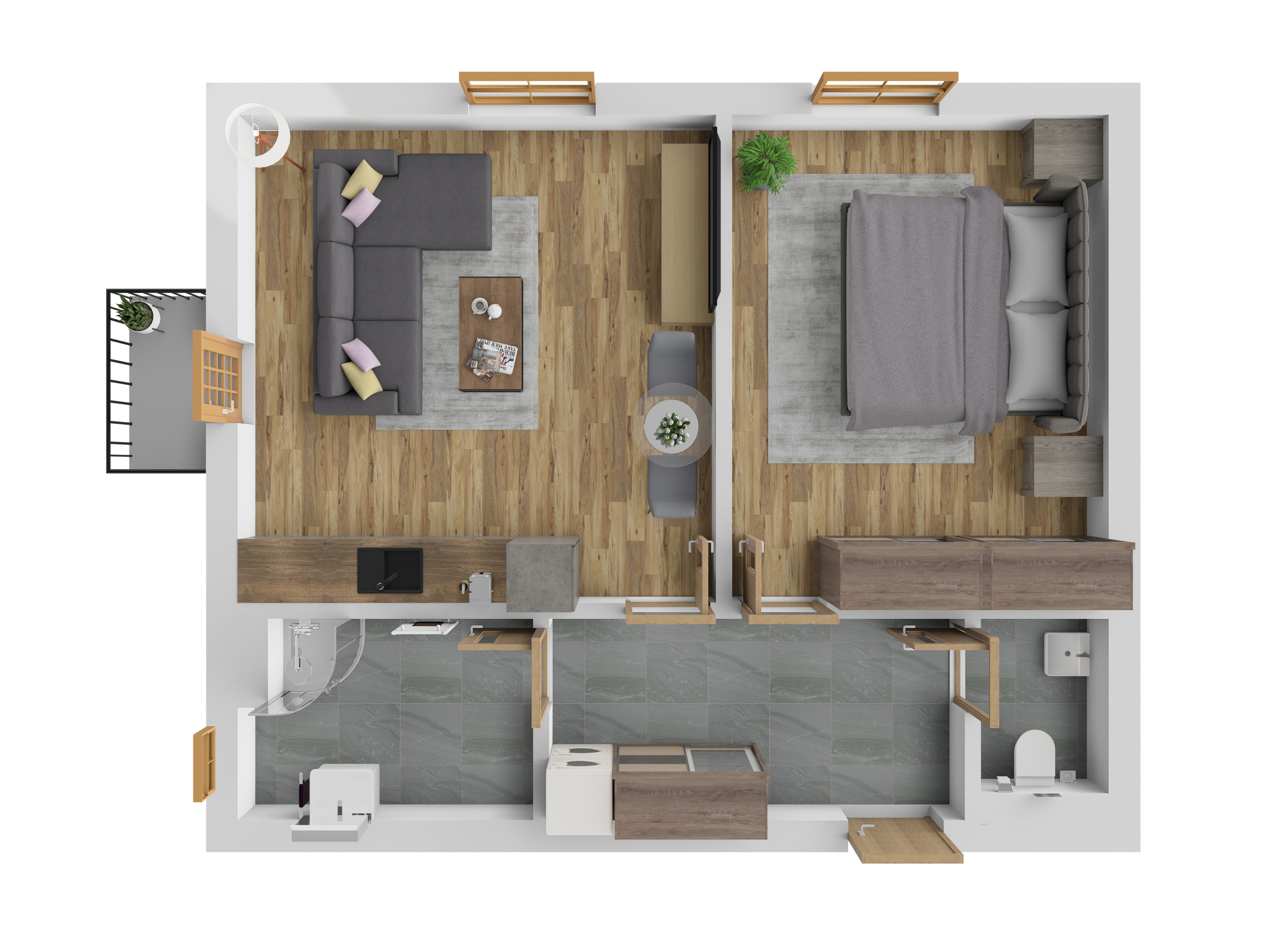 3D vizualizace apartmánu A — 2+kk, 51 m² (orientační zařízení).