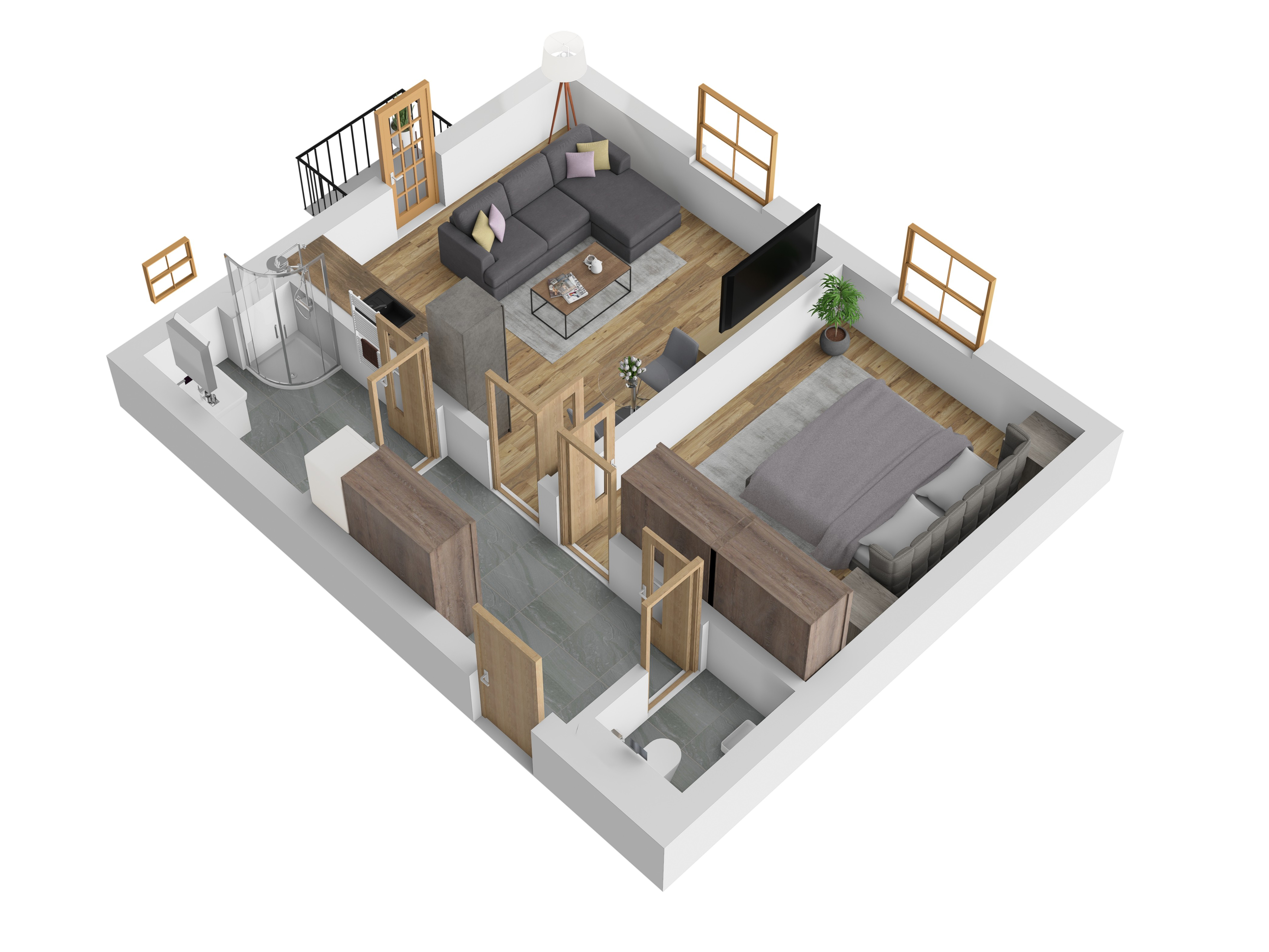 3D vizualizace apartmánu A — 2+kk, 51 m² (orientační zařízení).